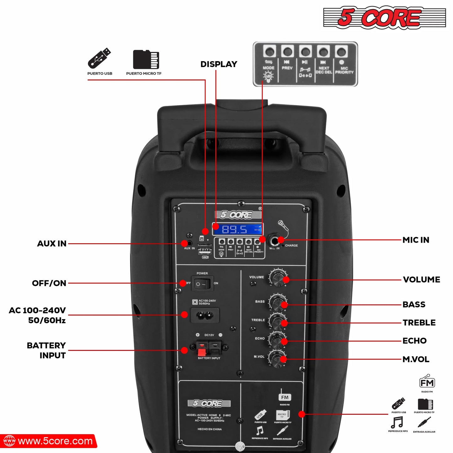 5 Core DJ Speakers 8" Rechargeable Powered PA System 250W Loud Speaker Bluetooth USB SD Card AUX MP3 FM LED Ring 