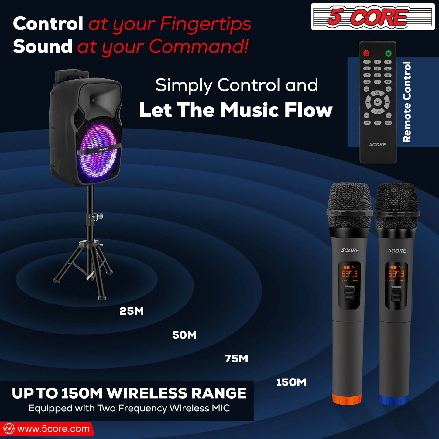 5 Core DJ Speakers 8" Rechargeable Powered PA System 250W Loud Speaker Bluetooth USB SD Card AUX MP3 FM LED Ring 