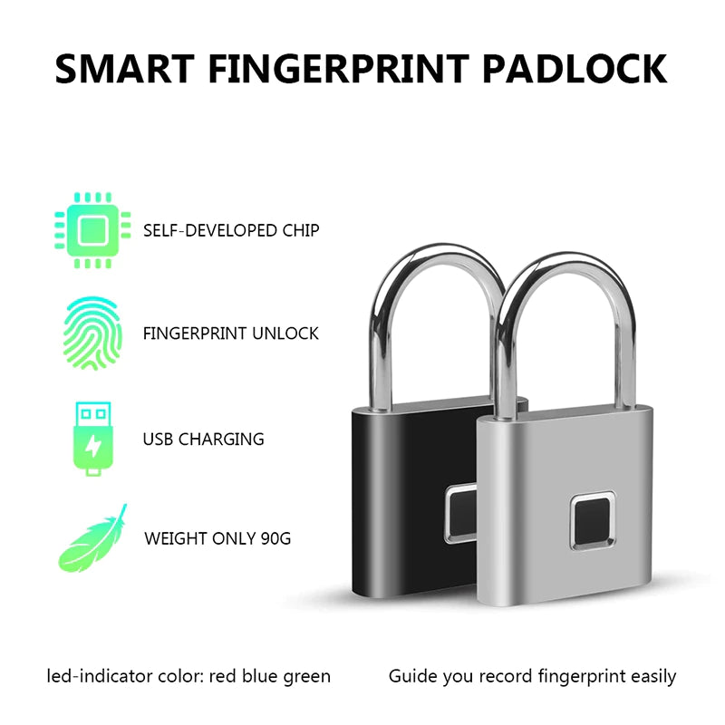 Black Silver USB Rechargeable Door Smart Lock Fingerprint Padlock Quick Unlock Zinc Alloy Metal 