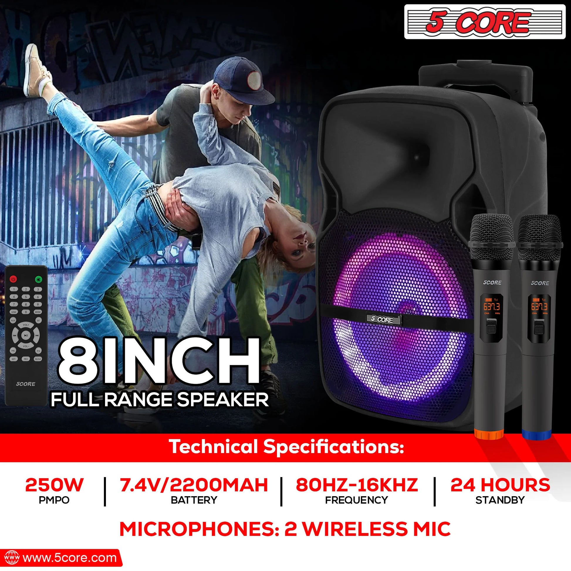 5 Core DJ Speakers 8" Rechargeable Powered PA System 250W Loud Speaker Bluetooth USB SD Card AUX MP3 FM LED Ring 