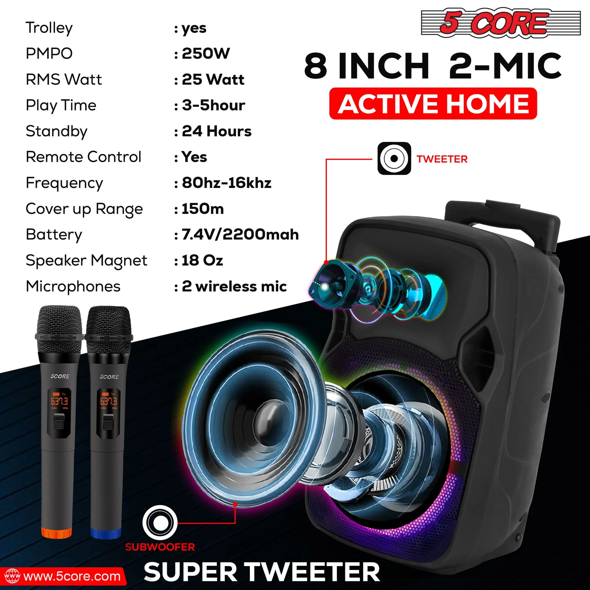 5 Core DJ Speakers 8" Rechargeable Powered PA System 250W Loud Speaker Bluetooth USB SD Card AUX MP3 FM LED Ring 