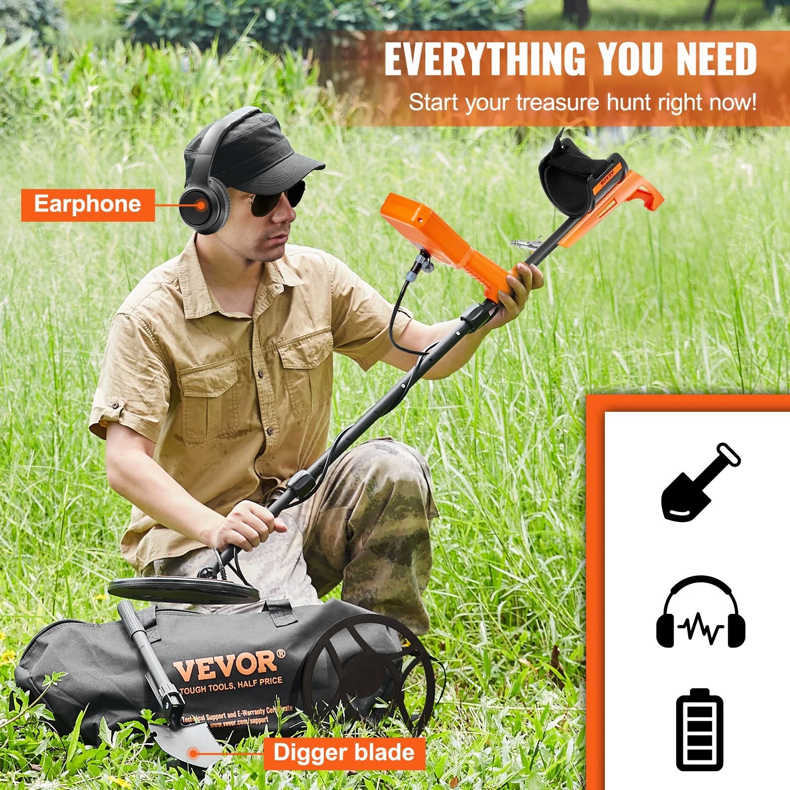 VEVOR Waterproof Metal Detector, 12" Coil, Professional Rechargeable Gold Detector, 39-50 in Adjustable with LCD, 7 Modes Advanced DSP Chip Bluetooth Headset, IP68 for Detecting Gold Treasure Hunting