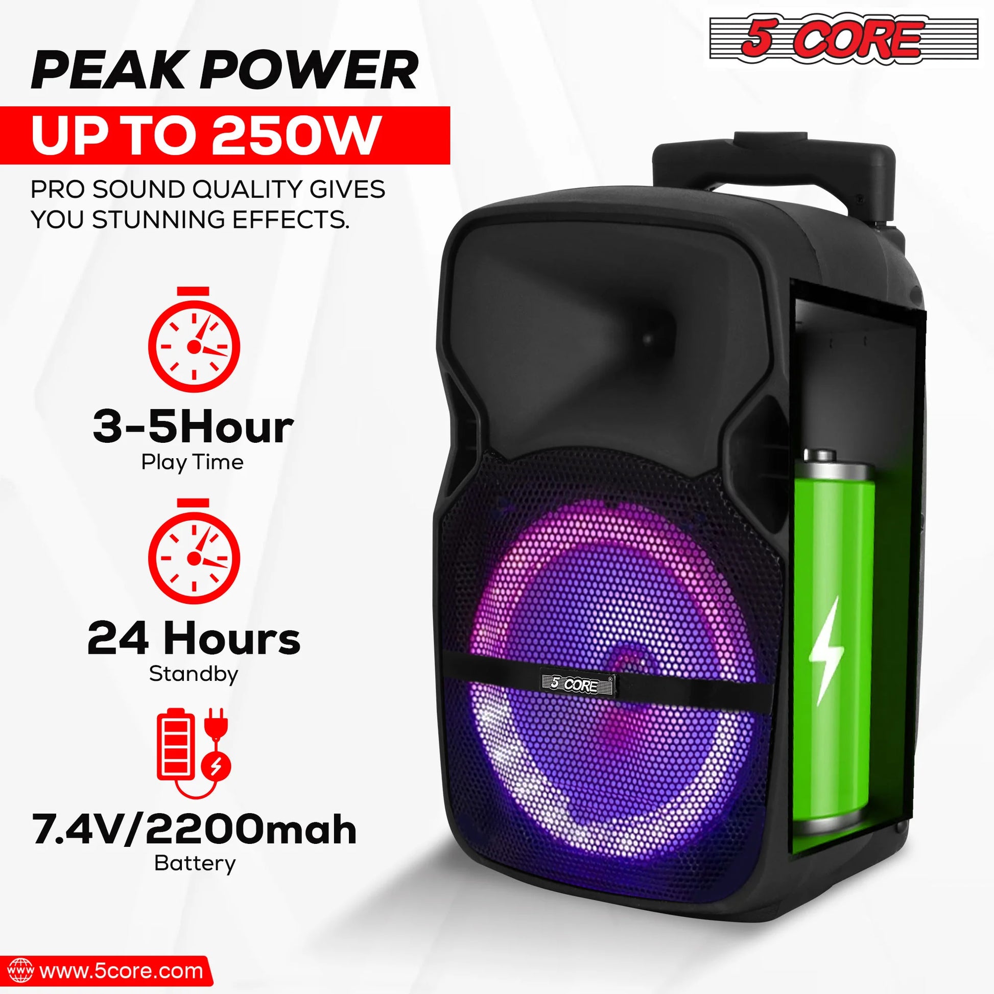 5 Core DJ Speakers 8" Rechargeable Powered PA System 250W Loud Speaker Bluetooth USB SD Card AUX MP3 FM LED Ring 