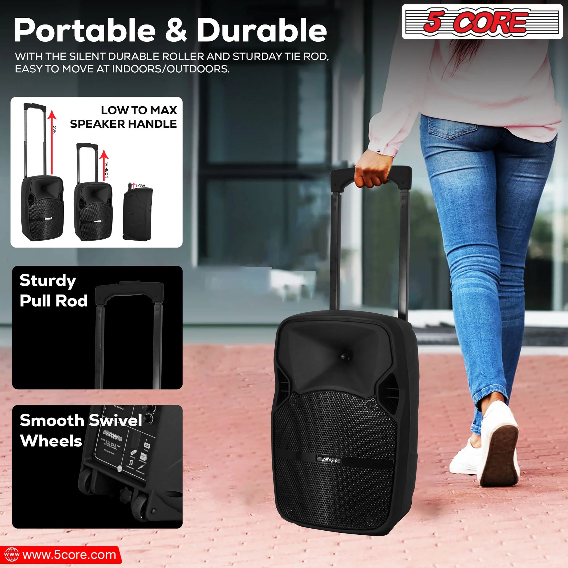 5 Core DJ Speakers 8" Rechargeable Powered PA System 250W Loud Speaker Bluetooth USB SD Card AUX MP3 FM LED Ring 