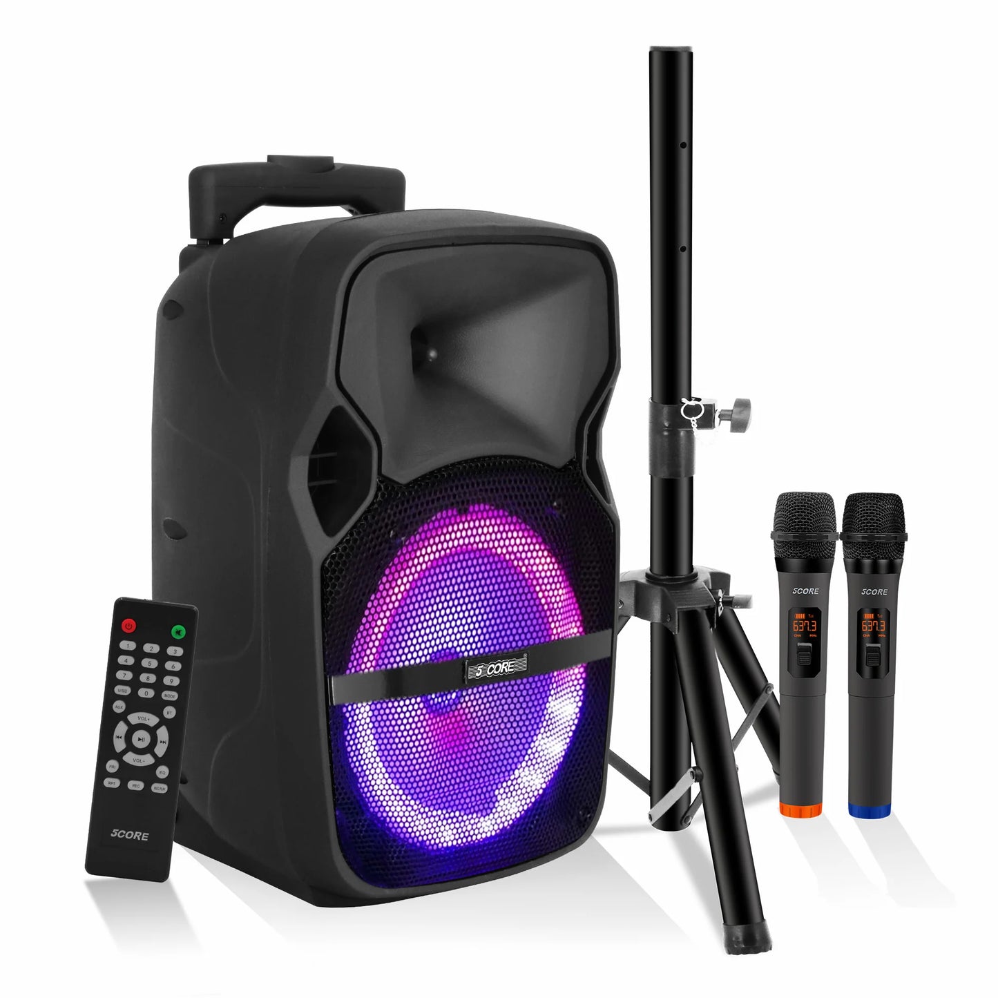 5 Core DJ Speakers 8" Rechargeable Powered PA System 250W Loud Speaker Bluetooth USB SD Card AUX MP3 FM LED Ring 