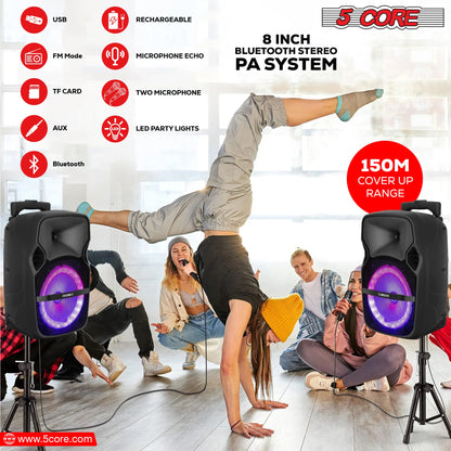 5 Core DJ Speakers 8" Rechargeable Powered PA System 250W Loud Speaker Bluetooth USB SD Card AUX MP3 FM LED Ring 