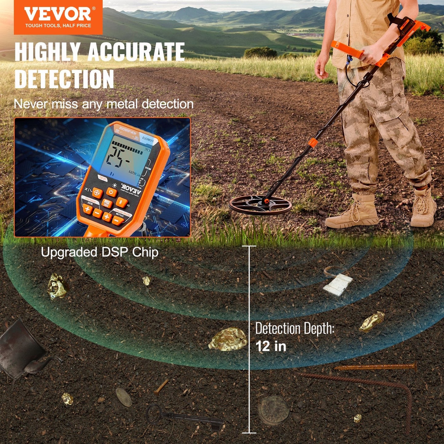 VEVOR Waterproof Metal Detector, 12" Coil, Professional Rechargeable Gold Detector, 39-50 in Adjustable with LCD, 7 Modes Advanced DSP Chip Bluetooth Headset, IP68 for Detecting Gold Treasure Hunting