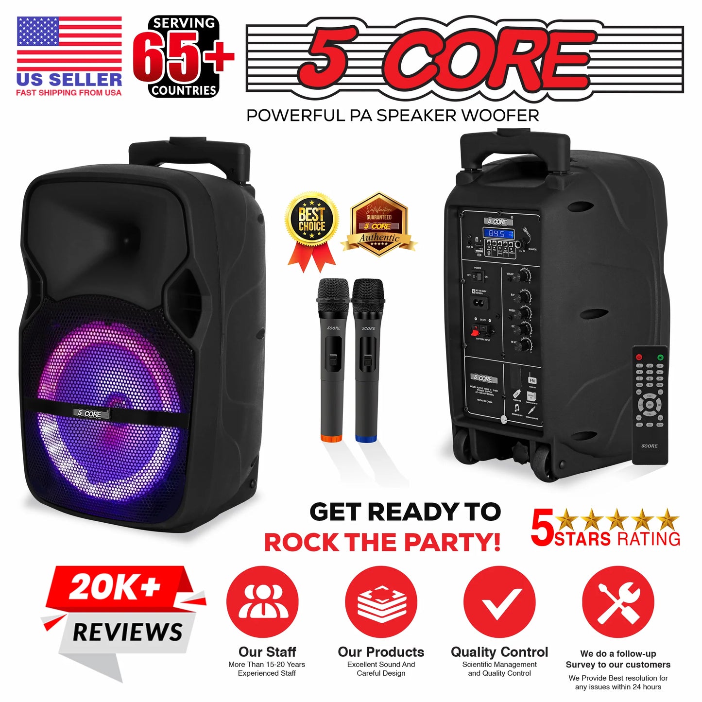 5 Core DJ Speakers 8" Rechargeable Powered PA System 250W Loud Speaker Bluetooth USB SD Card AUX MP3 FM LED Ring 