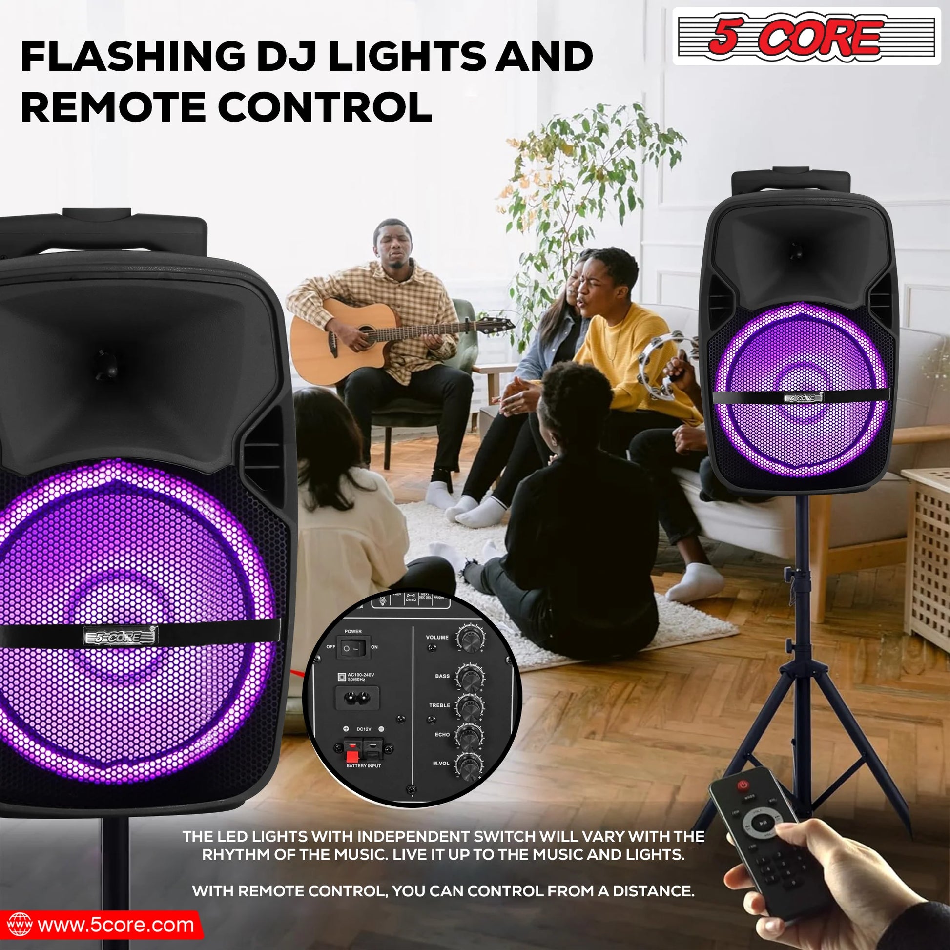 5 Core DJ Speakers 8" Rechargeable Powered PA System 250W Loud Speaker Bluetooth USB SD Card AUX MP3 FM LED Ring 