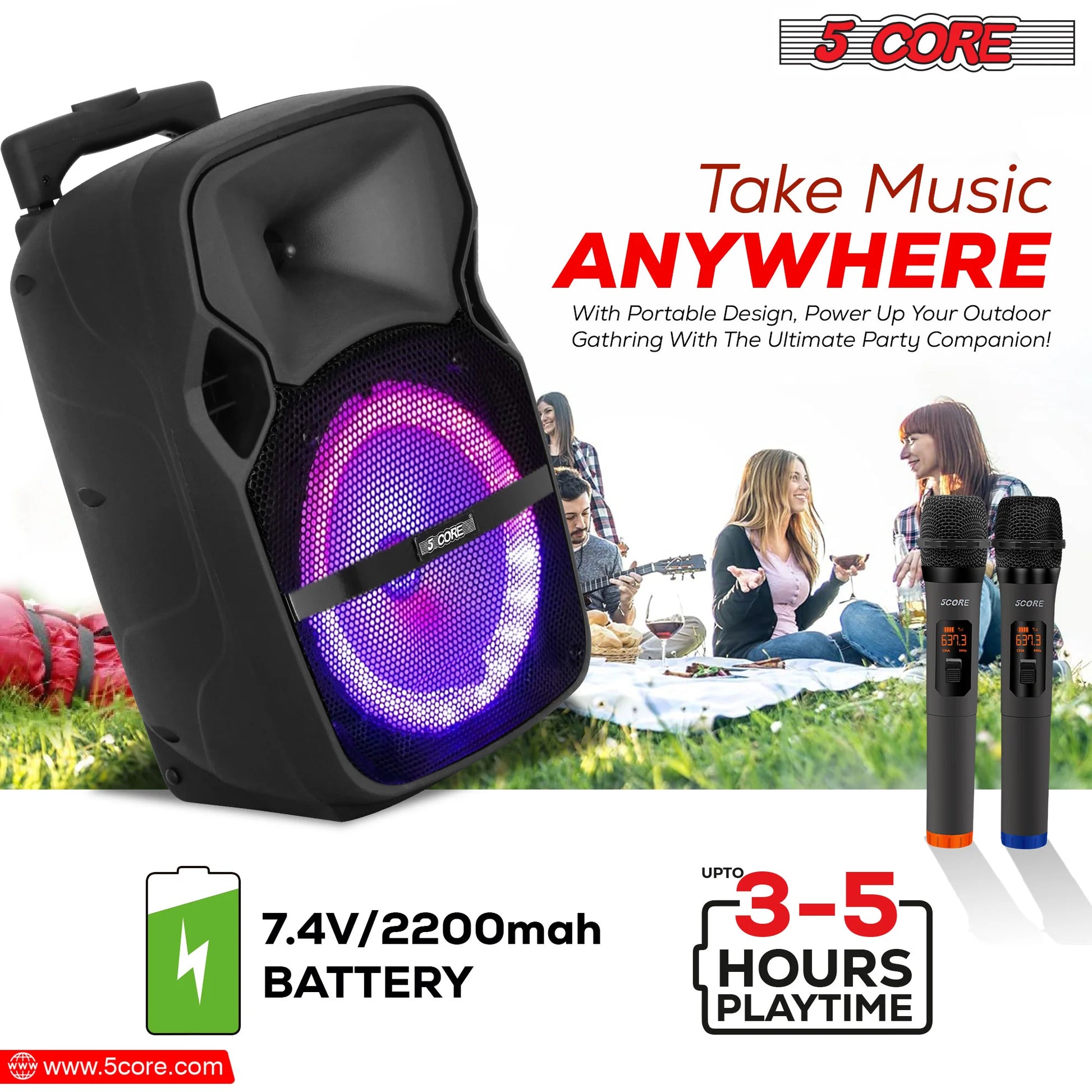 5 Core DJ Speakers 8" Rechargeable Powered PA System 250W Loud Speaker Bluetooth USB SD Card AUX MP3 FM LED Ring 