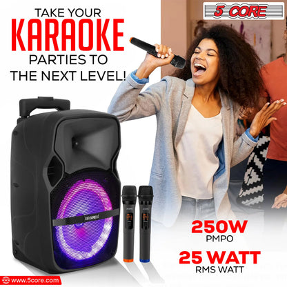 5 Core DJ Speakers 8" Rechargeable Powered PA System 250W Loud Speaker Bluetooth USB SD Card AUX MP3 FM LED Ring 