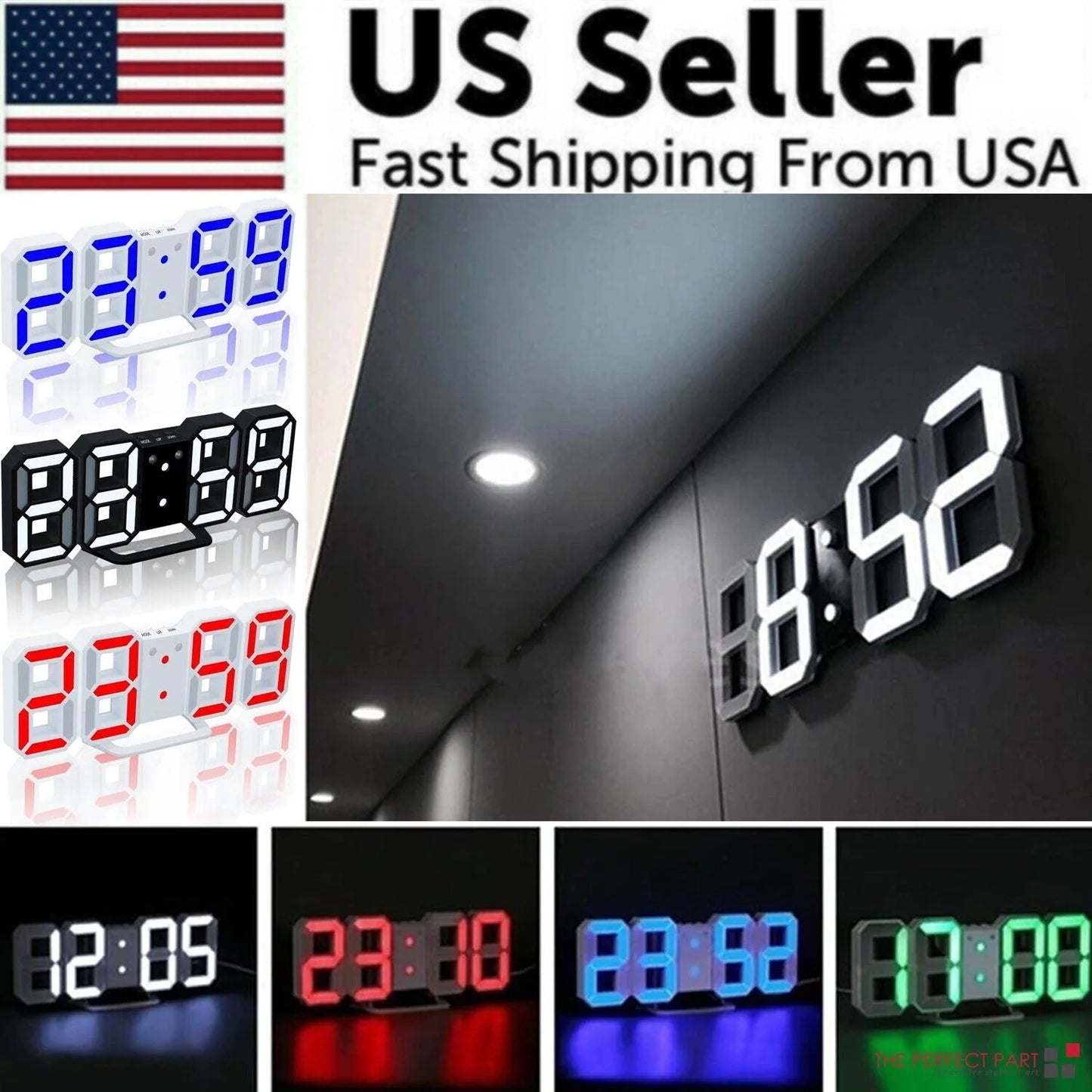 Digital 3D LED Big Wall Desk Alarm Clock Auto Brightness USB