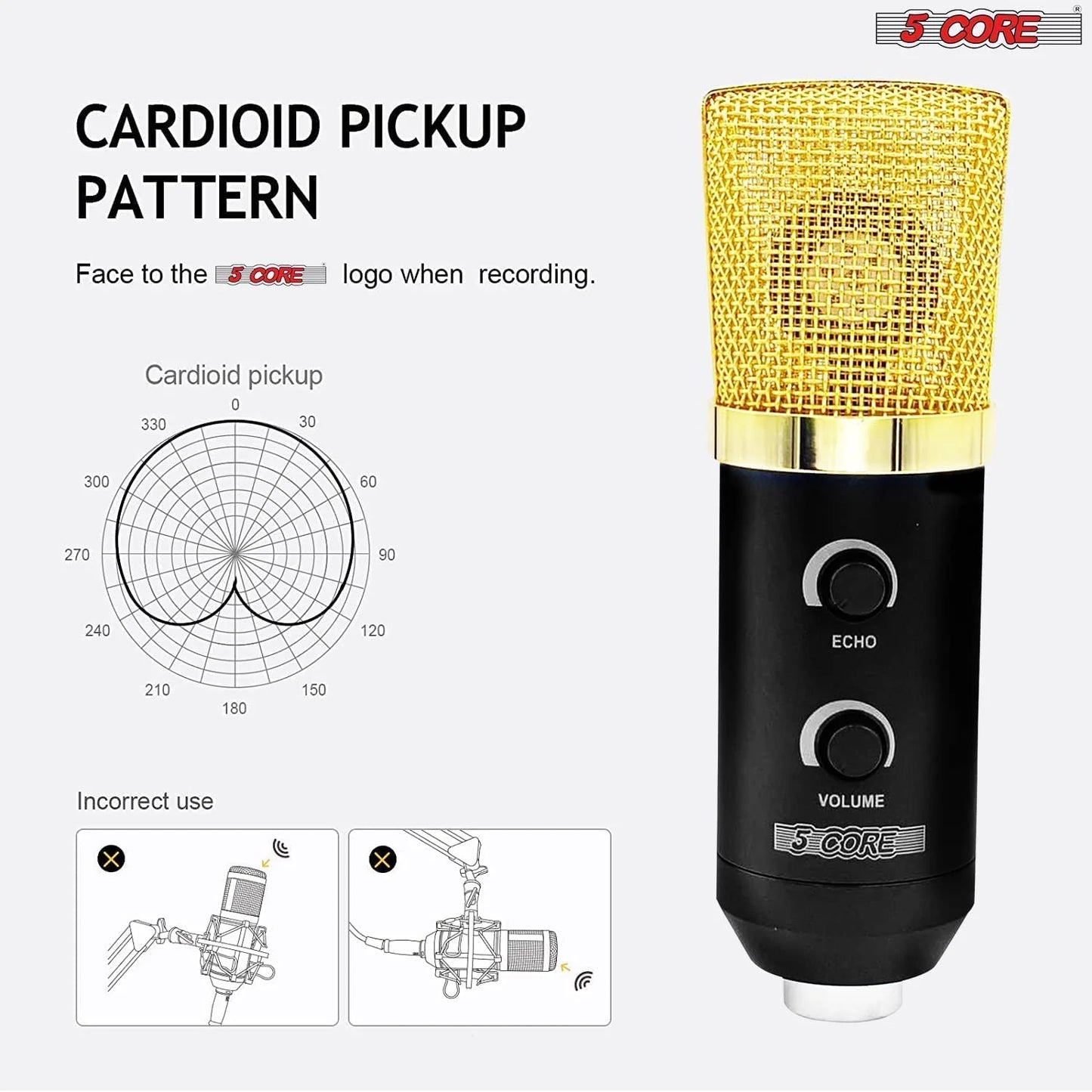 5 Core Recording Microphone Podcast Bundle • Professional Condenser Cardioid Mic Kit • W Boom Arm