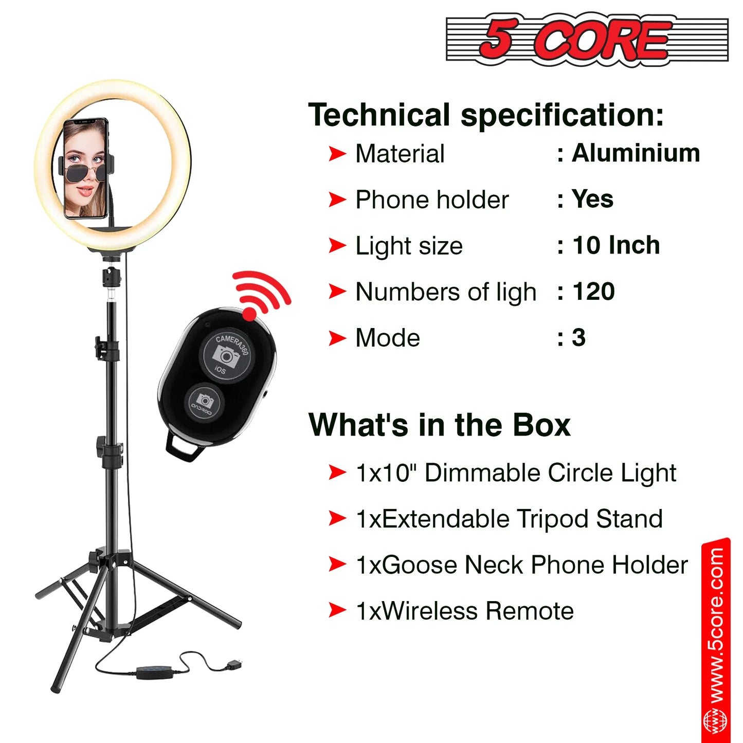 5 Core 10'' Ring Light with Extendable Tripod Stand and Gooseneck Phone Holder