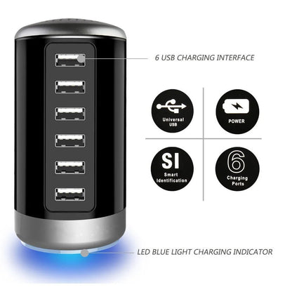 6 USB Ports Hub 6A/30W Rapid Charging Station Desktop Charger Fits for Phone Tablet Iphone Ipad Samsung LG HTC Moto