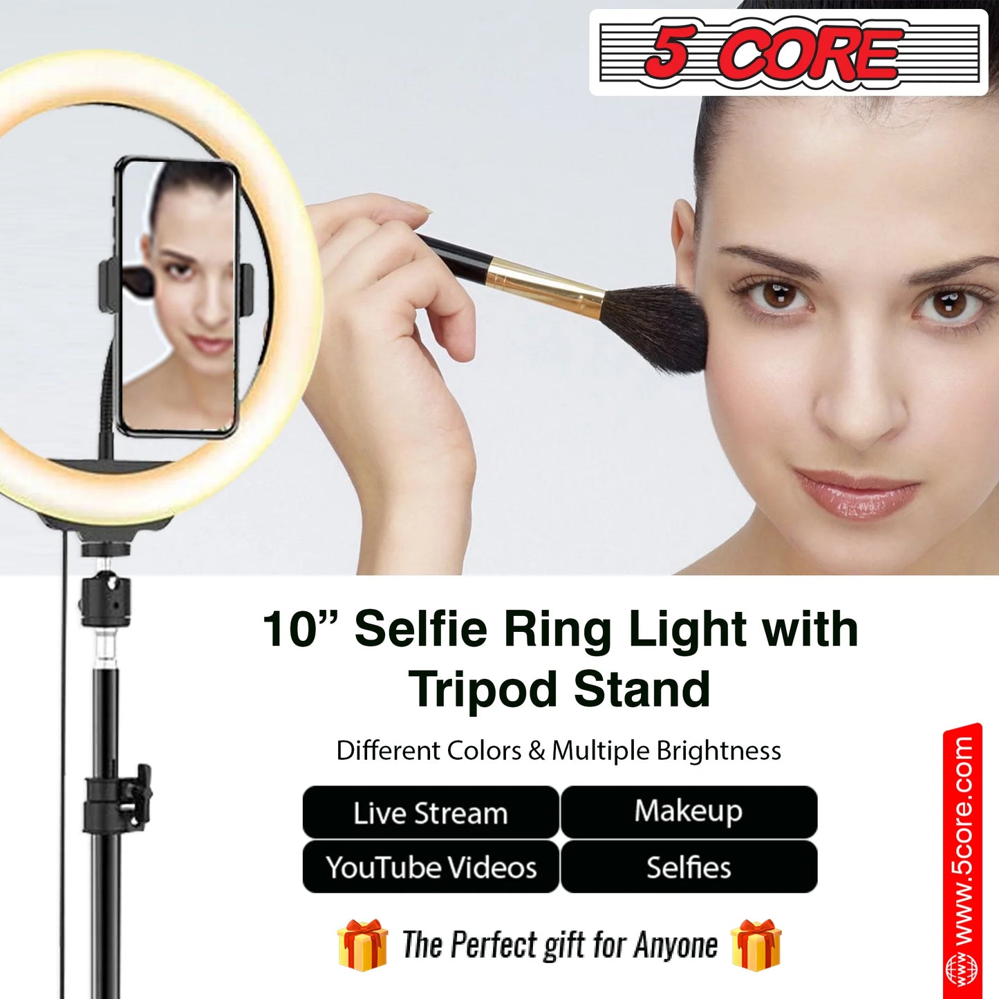 5 Core 10'' Ring Light with Extendable Tripod Stand and Gooseneck Phone Holder