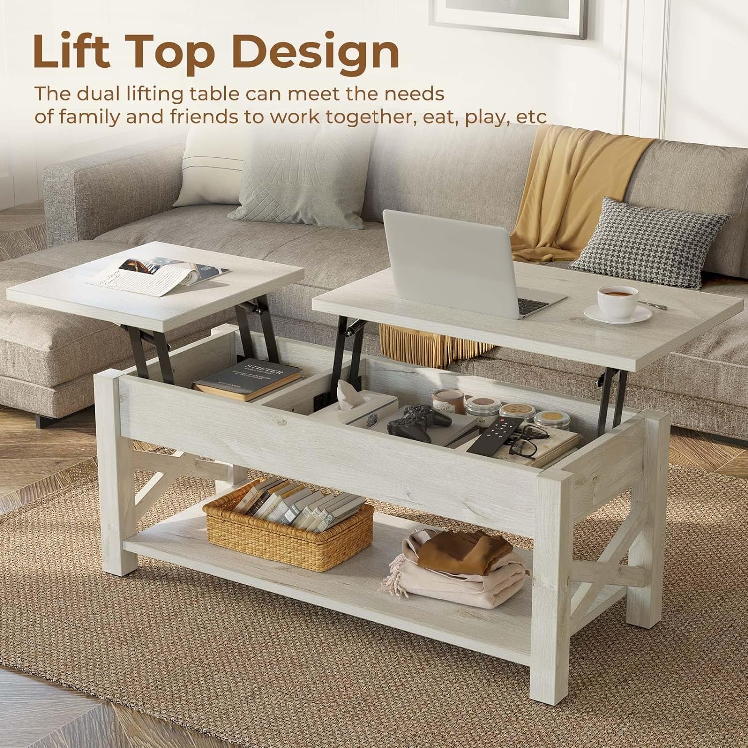 Coffee Table 47.2", 2 Way Lift Top Farmhouse Center Table with Hidden Compartment, Open Shelf & X Wooden Support for Living Room, Grey