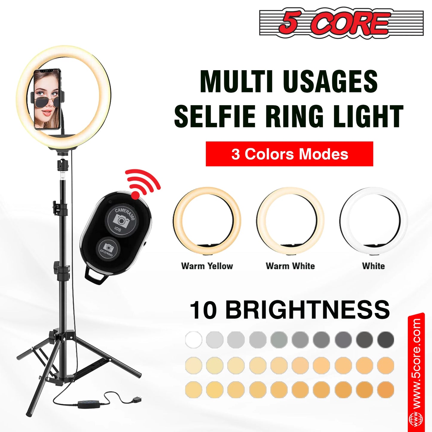 5 Core 10'' Ring Light with Extendable Tripod Stand and Gooseneck Phone Holder