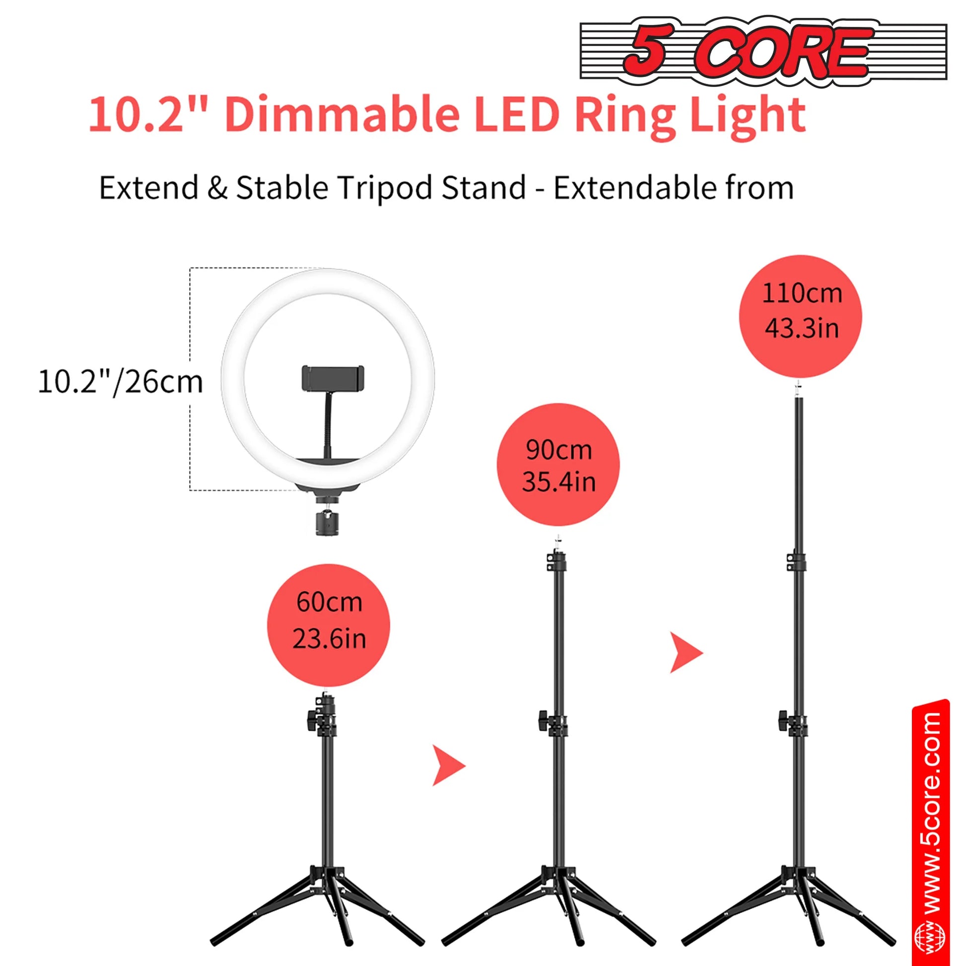 5 Core 10'' Ring Light with Extendable Tripod Stand and Gooseneck Phone Holder