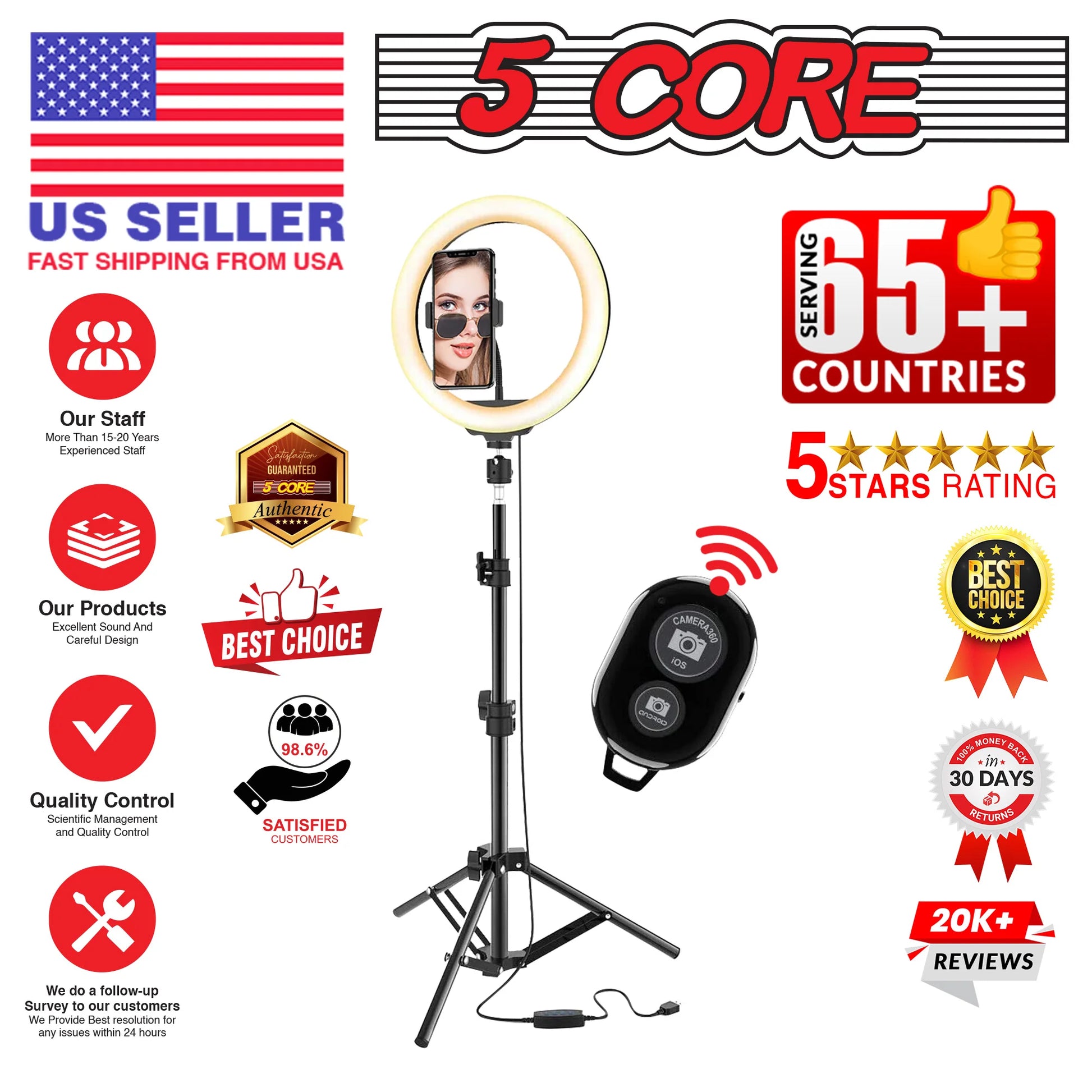 5 Core 10'' Ring Light with Extendable Tripod Stand and Gooseneck Phone Holder