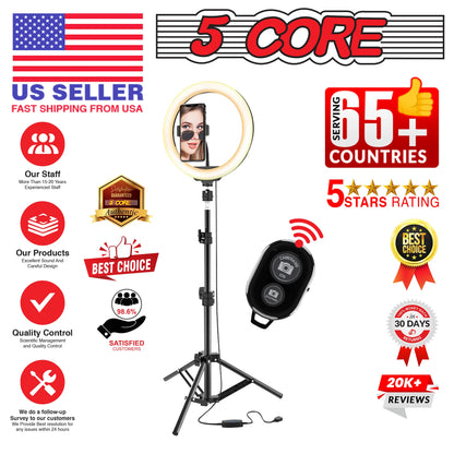 5 Core 10'' Ring Light with Extendable Tripod Stand and Gooseneck Phone Holder