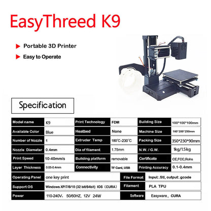 K9 Mini 3D Printer Easy to Use Entry Level Gift 3D Printer FDM TPU PLA Filament 1.75Mm Black