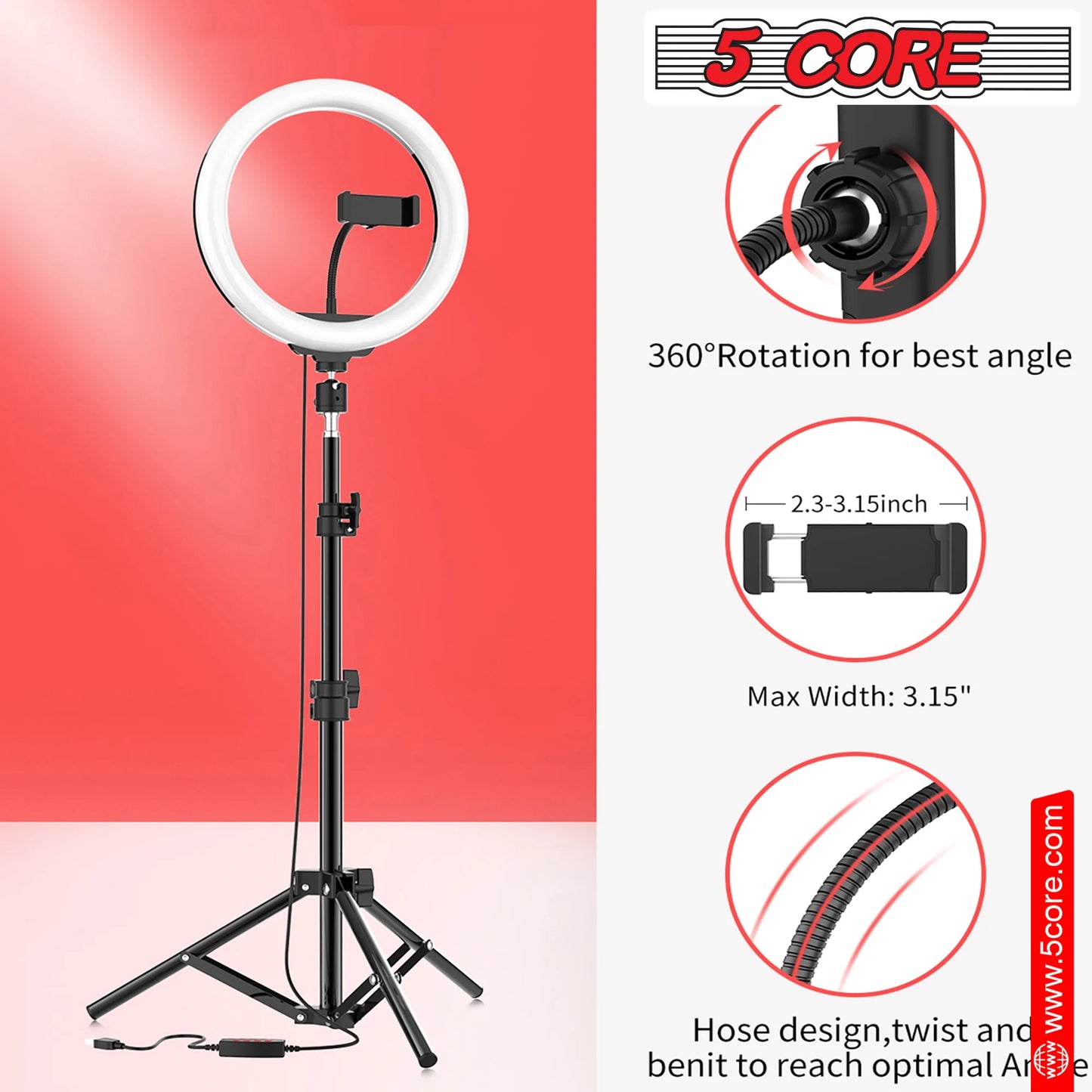 5 Core 10'' Ring Light with Extendable Tripod Stand and Gooseneck Phone Holder