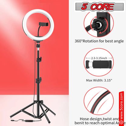 5 Core 10'' Ring Light with Extendable Tripod Stand and Gooseneck Phone Holder