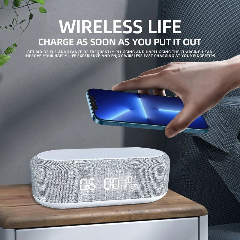 Wireless Charger, Alarm Clock, Time LED Light, Thermometer, Earphone Phone Charger, Fast Charging Dock Station 