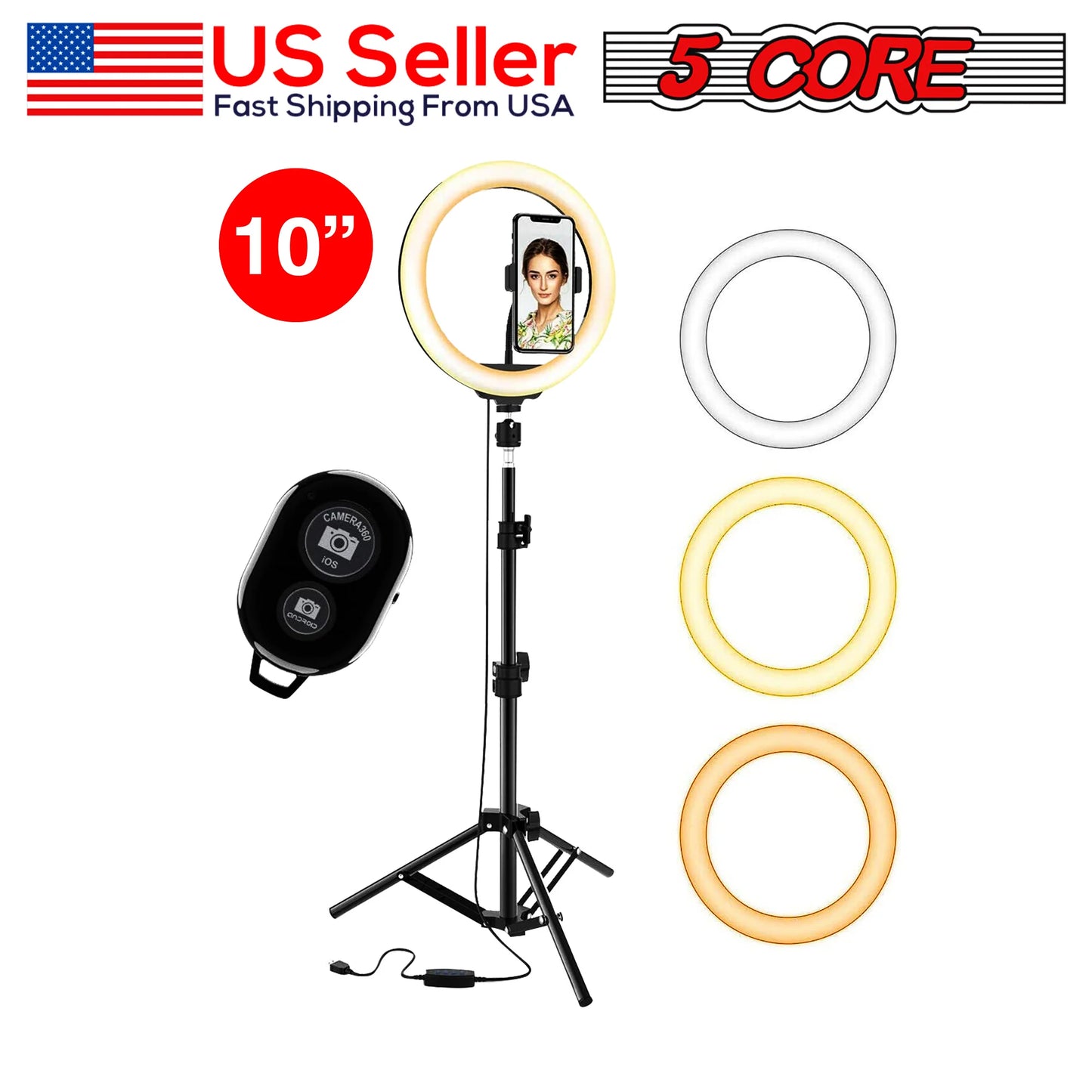 5 Core 10'' Ring Light with Extendable Tripod Stand and Gooseneck Phone Holder