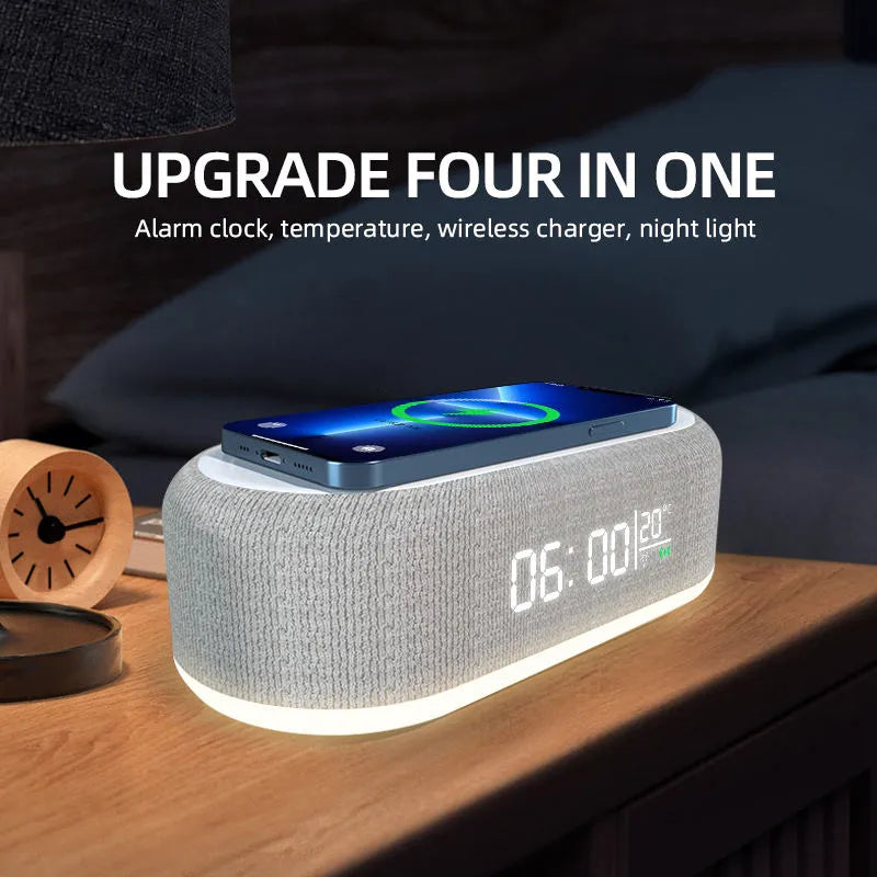 Wireless Charger, Alarm Clock, Time LED Light, Thermometer, Earphone Phone Charger, Fast Charging Dock Station 