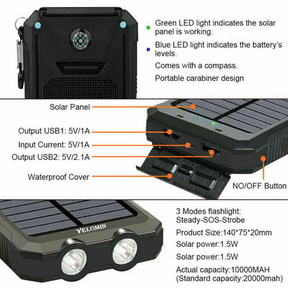 2023 Super Powerful USB Portable Charger Solar Power Bank for Cell Phone